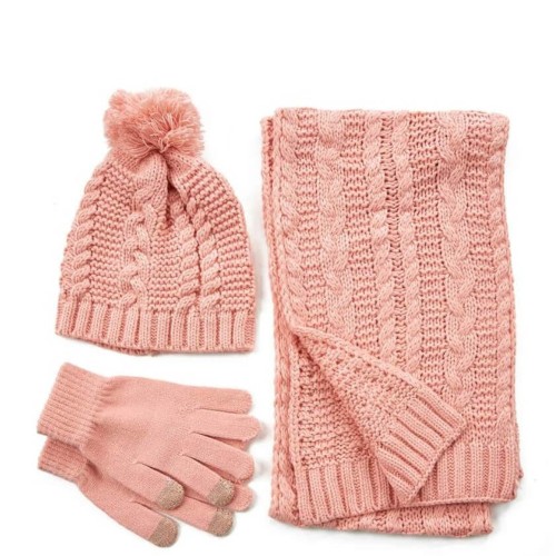 G7912P Γυναικείο Σετ Σκούφος-Κασκόλ-Γάντια VERDE Ροζ