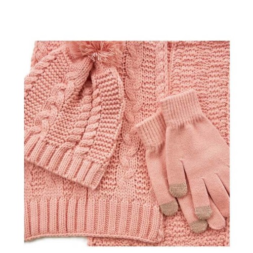 G7912P Γυναικείο Σετ Σκούφος-Κασκόλ-Γάντια VERDE Ροζ