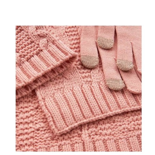 G7912P Γυναικείο Σετ Σκούφος-Κασκόλ-Γάντια VERDE Ροζ